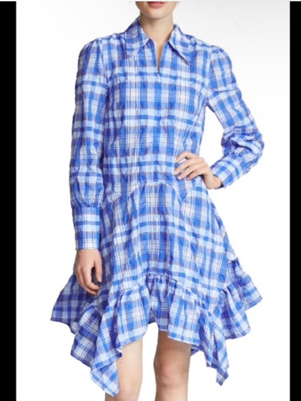 Ganni Blue Plaid Asymmetrical Ruffle Hem Dress